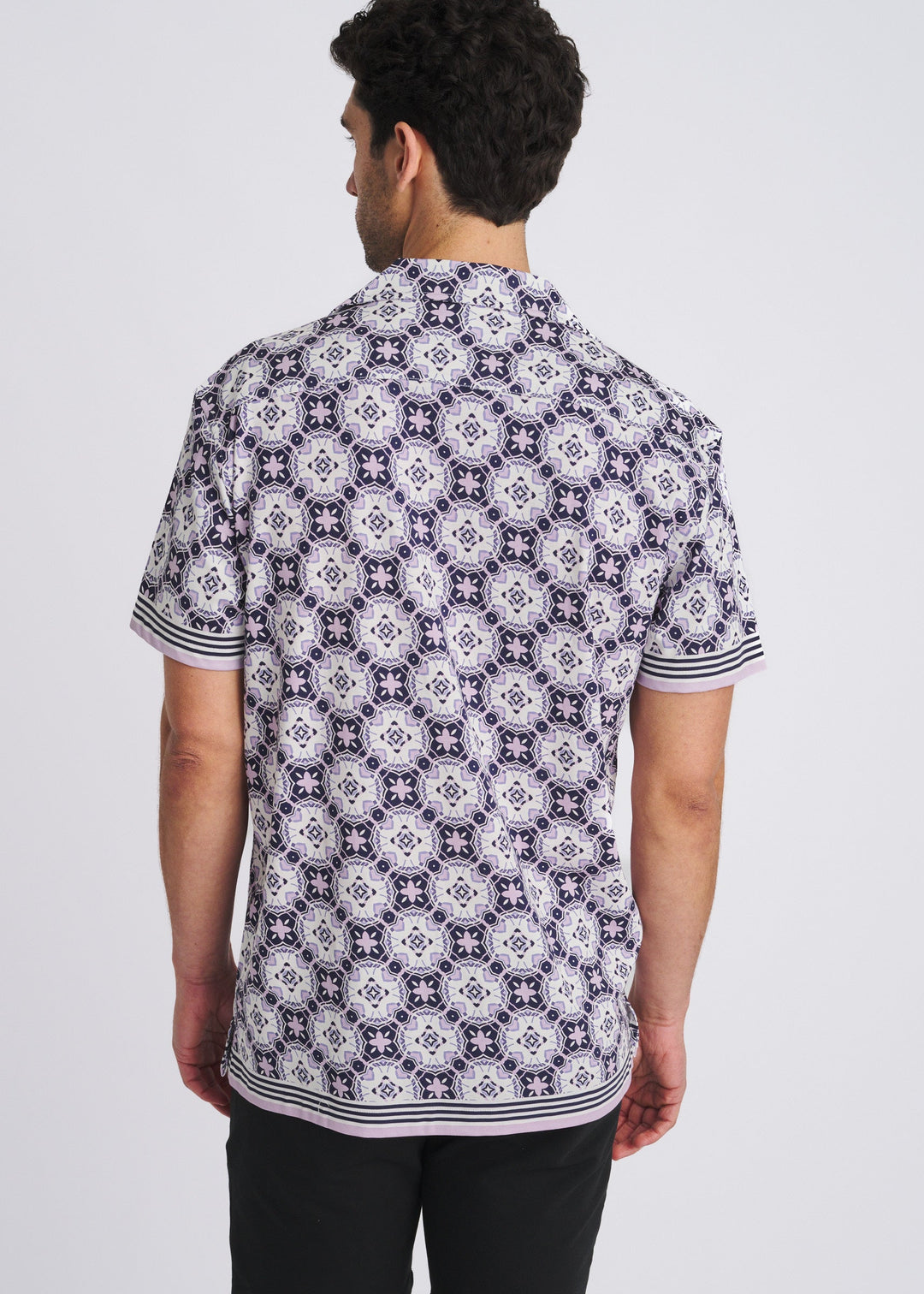 Lilac/Purple Medallions Printed Short Sleeve Woven Modal Border Shirt Pm-49037