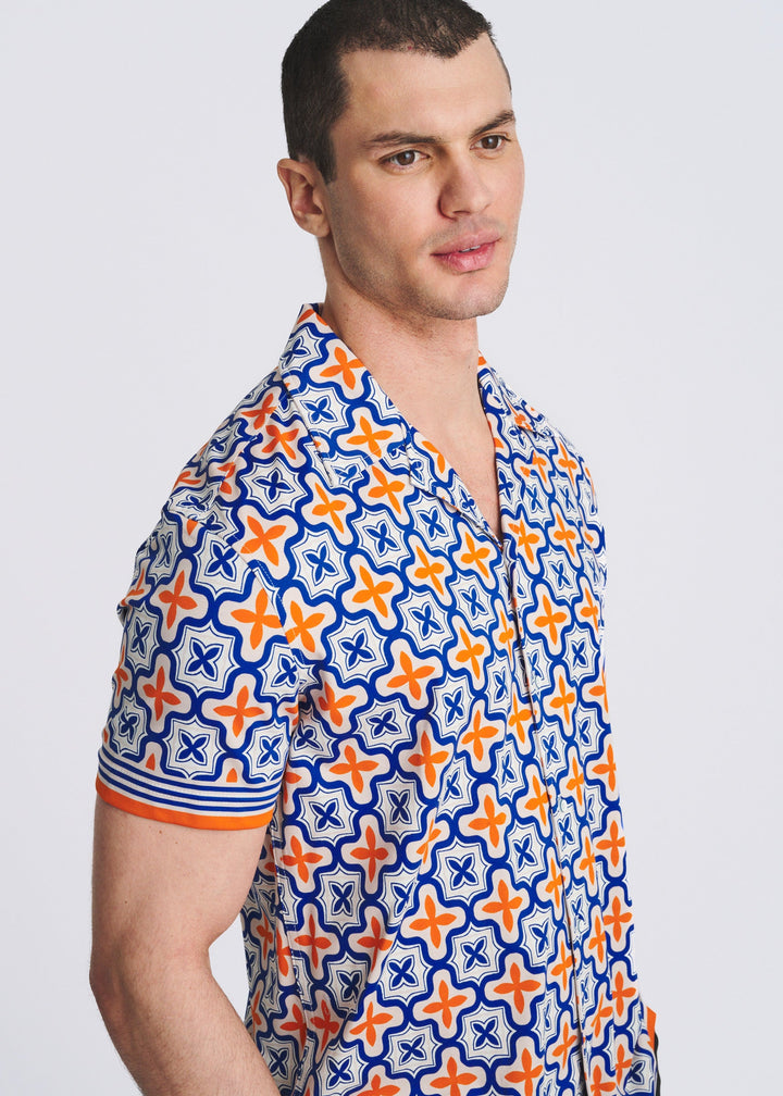 Navy/Orange Tiles Printed Short Sleeve Woven Modal Border Shirt Pm-49038
