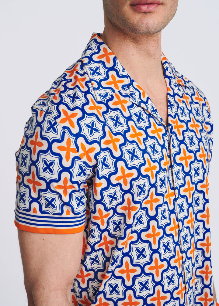 Navy/Orange Tiles Printed Short Sleeve Woven Modal Border Shirt Pm-49038