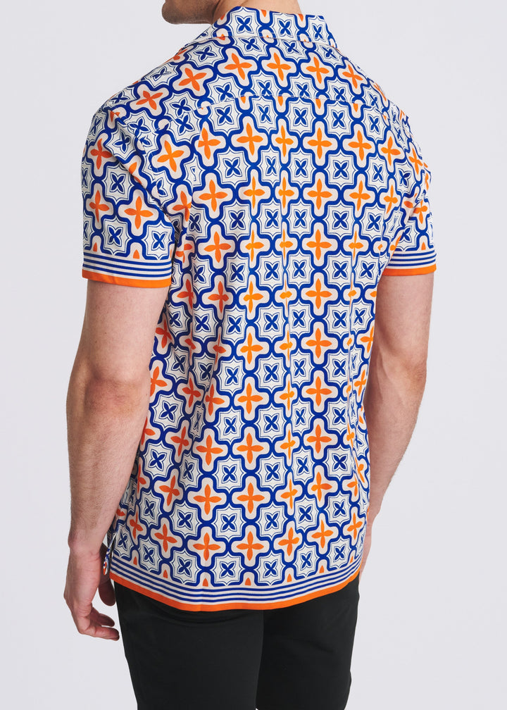 Navy/Orange Tiles Printed Short Sleeve Woven Modal Border Shirt Pm-49038
