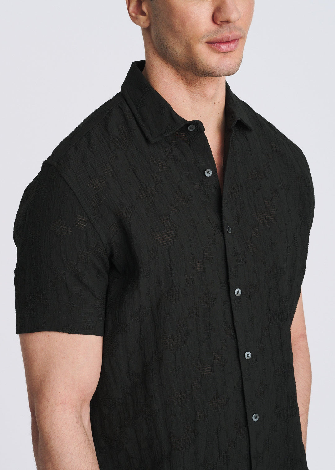 Black Floral Lightweight Jacquard Short Sleeve Woven Shirt Pm-51007