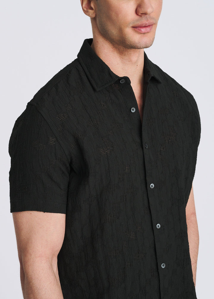 Black Floral Lightweight Jacquard Short Sleeve Woven Shirt Pm-51007