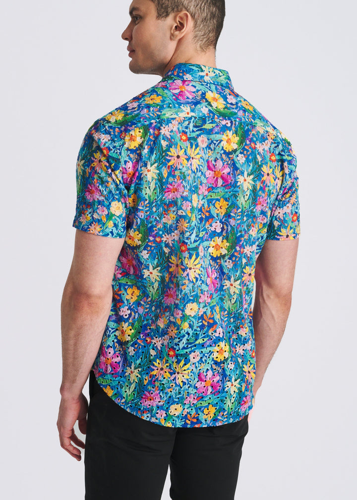 Cobalt/Multi Floral Printed Eyelet Short Sleeve Woven Shirt Pm-51010
