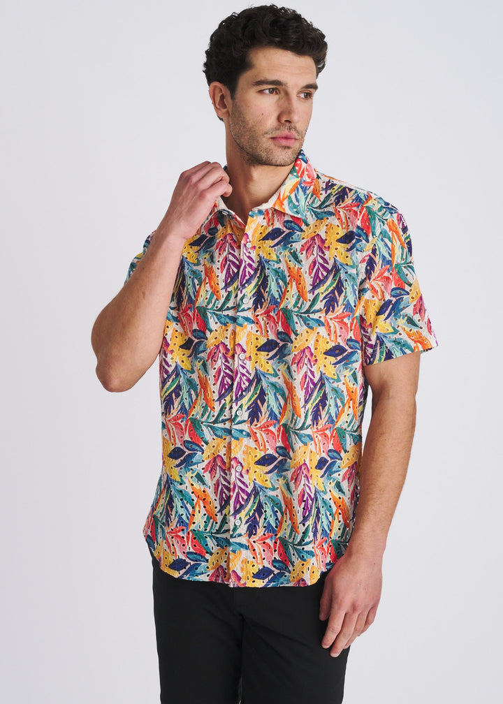 Rainbow Leaves Printed Eyelet Short Sleeve Woven Shirt Pm-51011