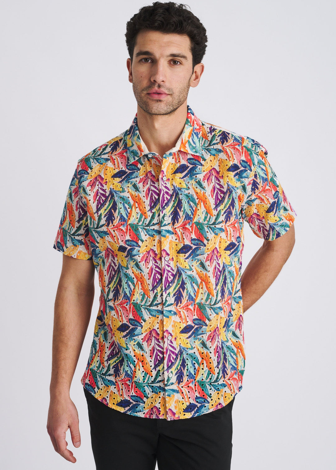 Rainbow Leaves Printed Eyelet Short Sleeve Woven Shirt Pm-51011