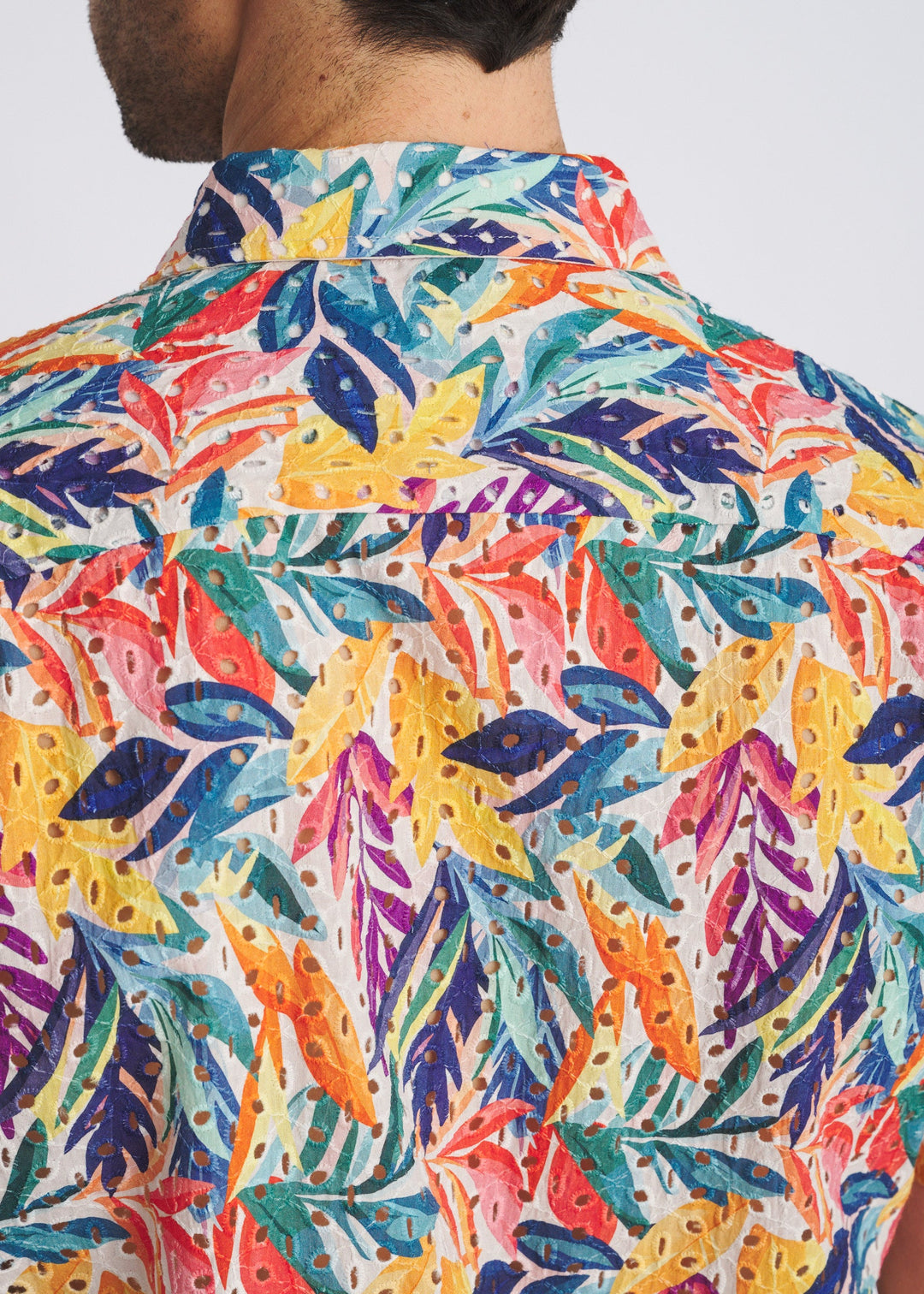Rainbow Leaves Printed Eyelet Short Sleeve Woven Shirt Pm-51011
