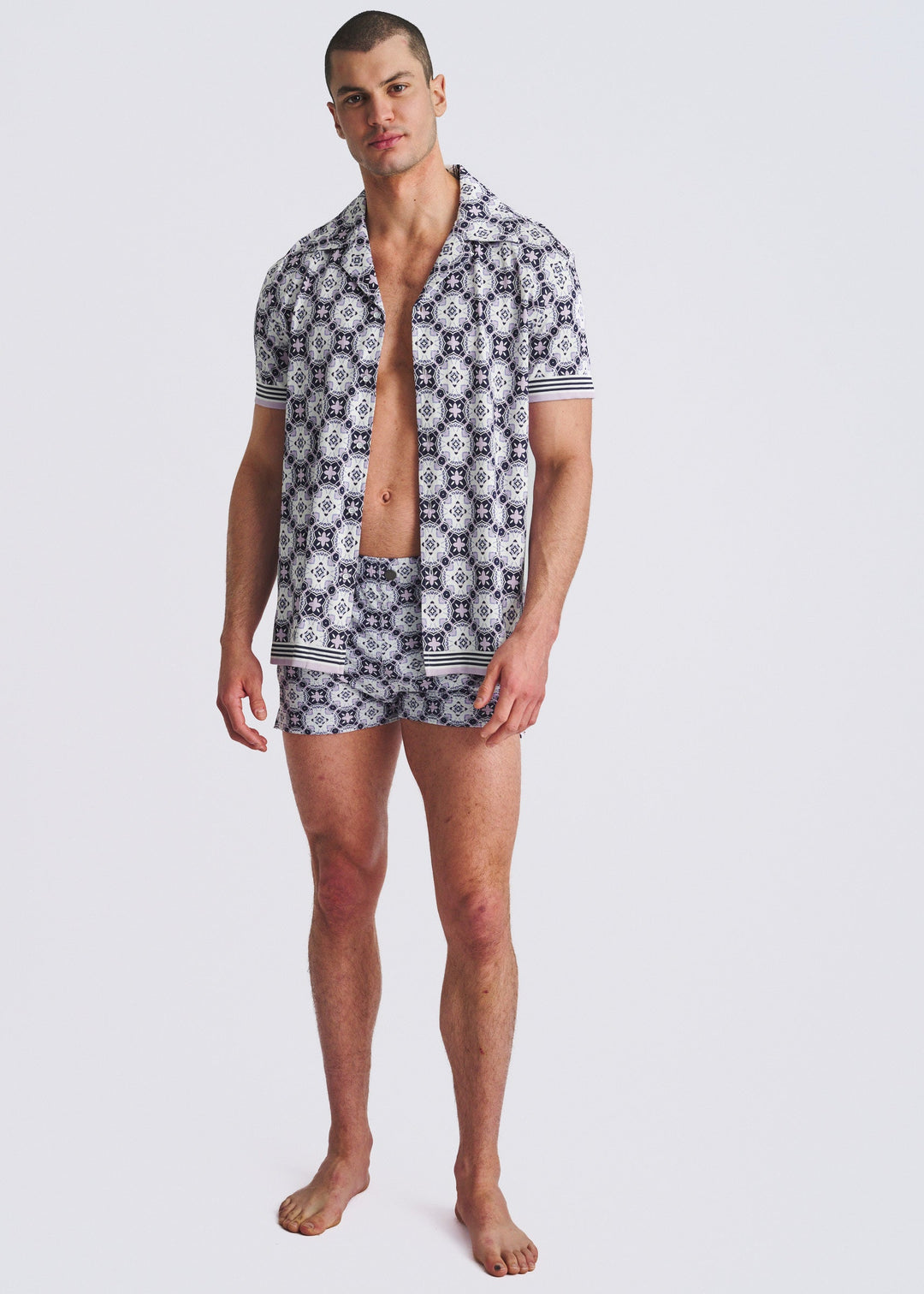 Lilac/Purple Medallions Seersucker Printed Swim Shorts W/Mesh Lining Pm-6018-55