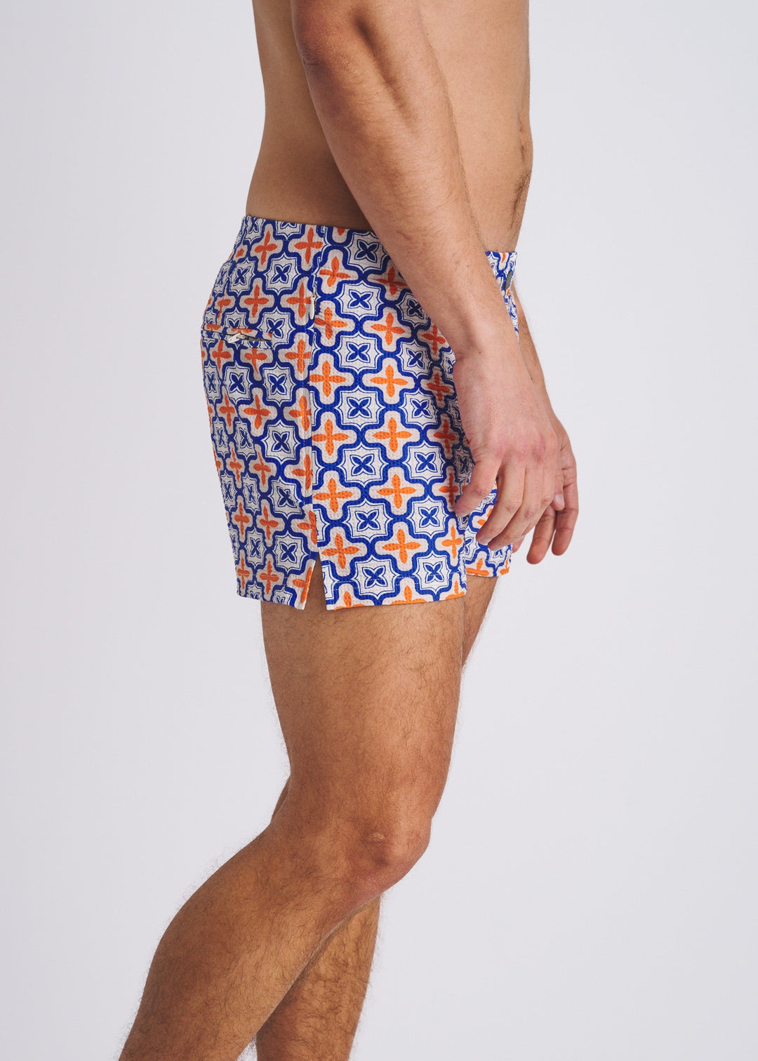 Navy/Orange Tiles Seersucker Printed Swim Shorts W/Mesh Lining Pm-6018-56