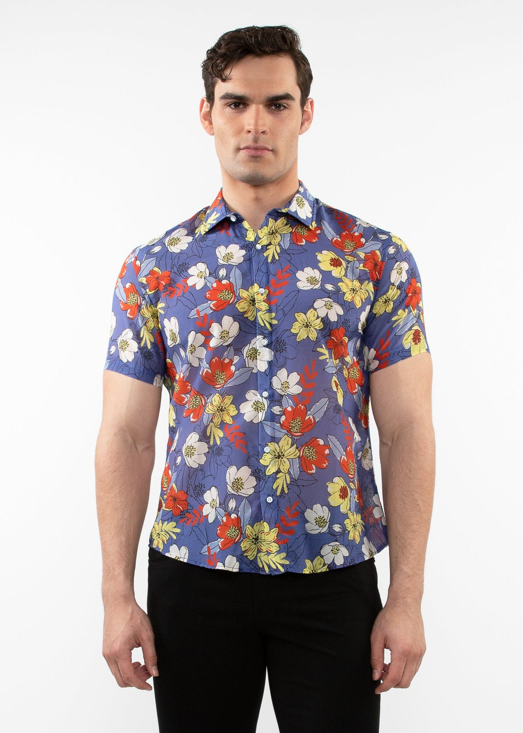 Purple/Spice Floral Printed Lightweight Cotton Silk Short Sleeves Woven Shirt PM-46038