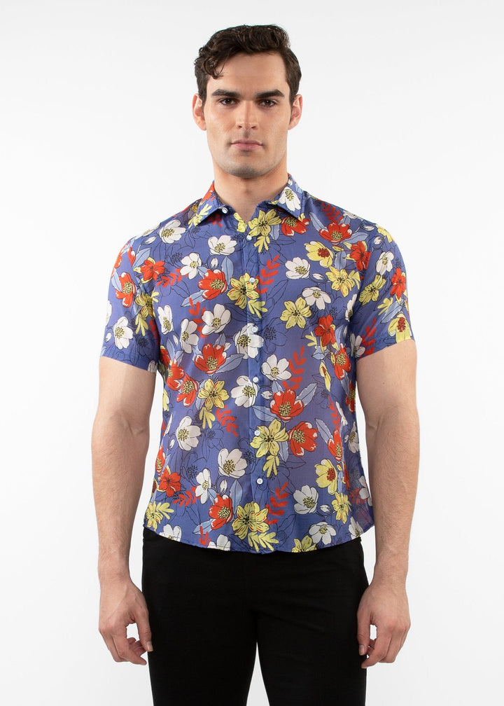 Purple/Spice Floral Printed Lightweight Cotton Silk Short Sleeves Woven Shirt PM-46038