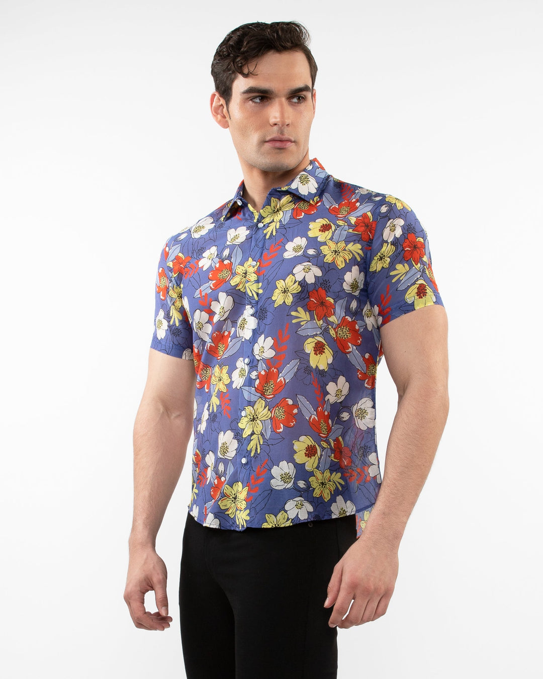 Purple/Spice Floral Printed Lightweight Cotton Silk Short Sleeves Woven Shirt PM-46038