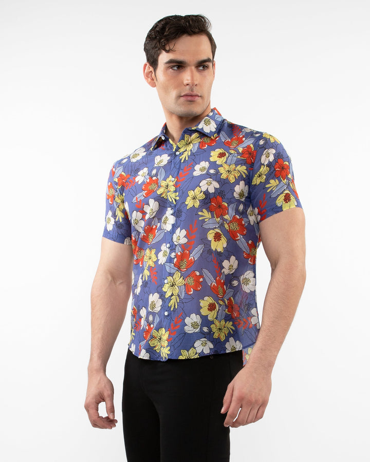 Purple/Spice Floral Printed Lightweight Cotton Silk Short Sleeves Woven Shirt PM-46038