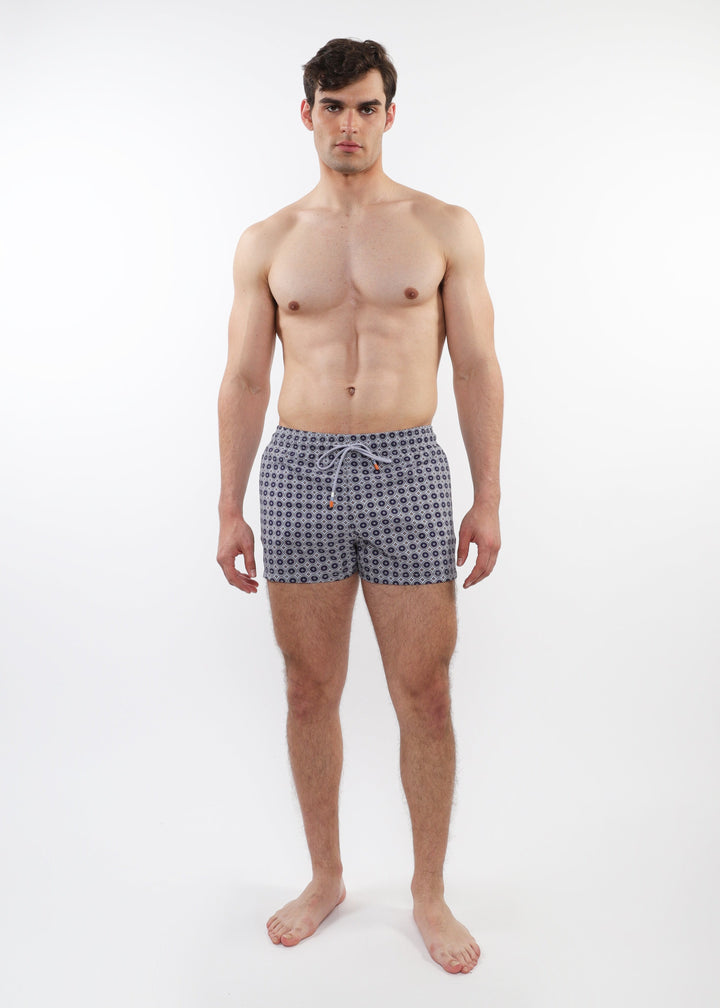 Navy/Gold Medallions 2-1/2" Inseam Printed Border Swim Shorts With Mesh Lining PM-6002-57