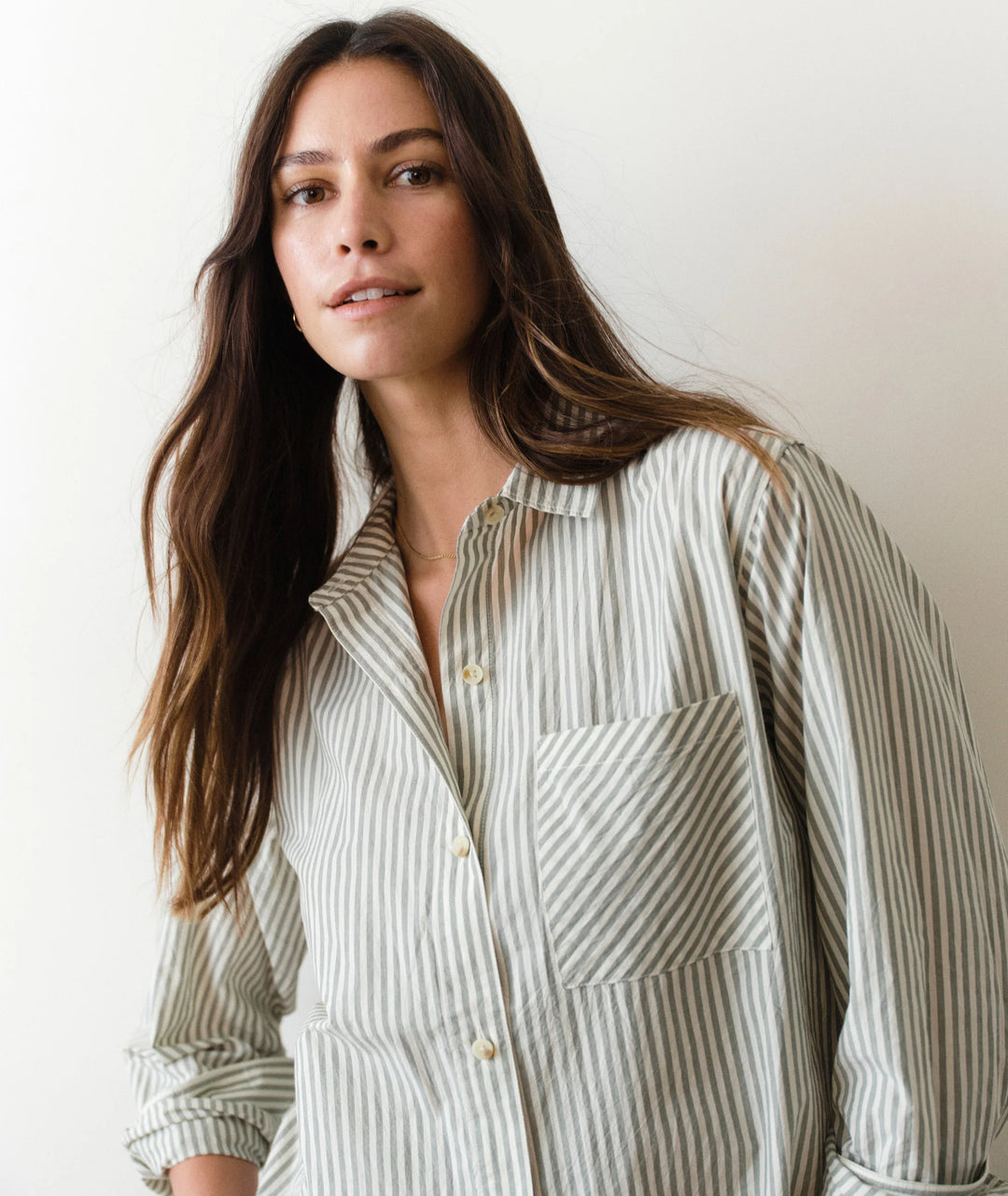 Jane Relaxed Shirt In Cali Poplin Olive Stripe
