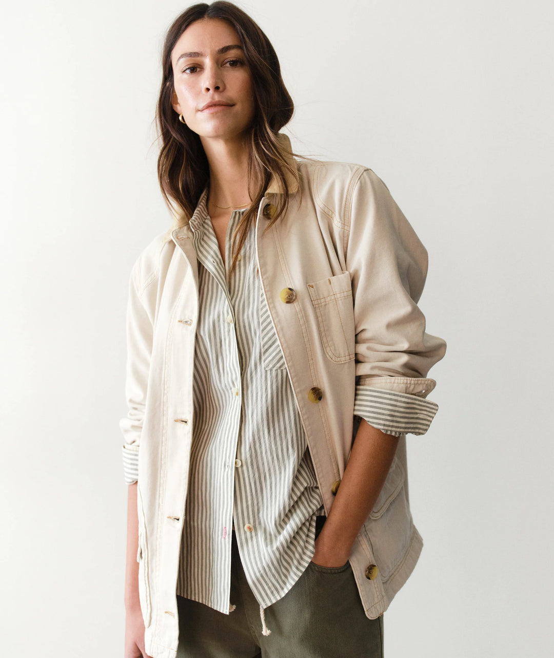 Jane Relaxed Shirt In Cali Poplin Olive Stripe