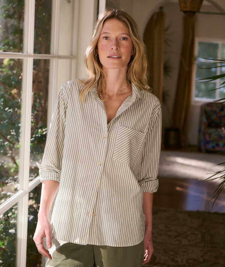 Jane Relaxed Shirt In Cali Poplin Olive Stripe