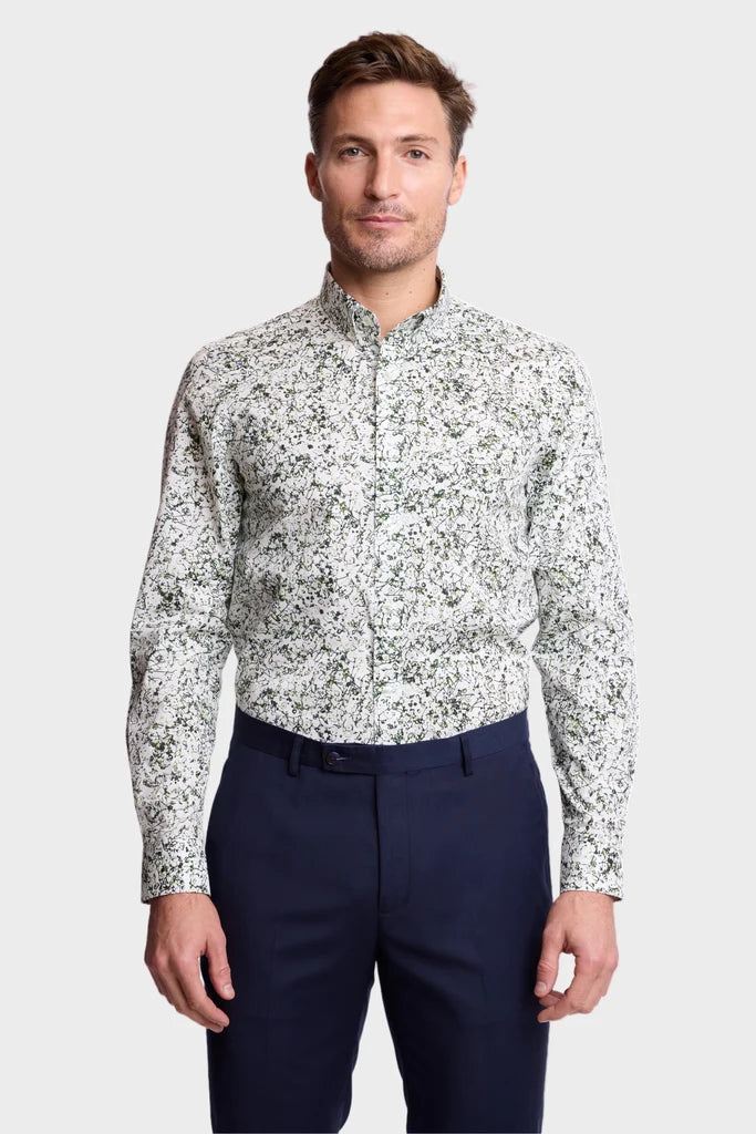 Brian Button Down Collar Shirt - White Green Abstract