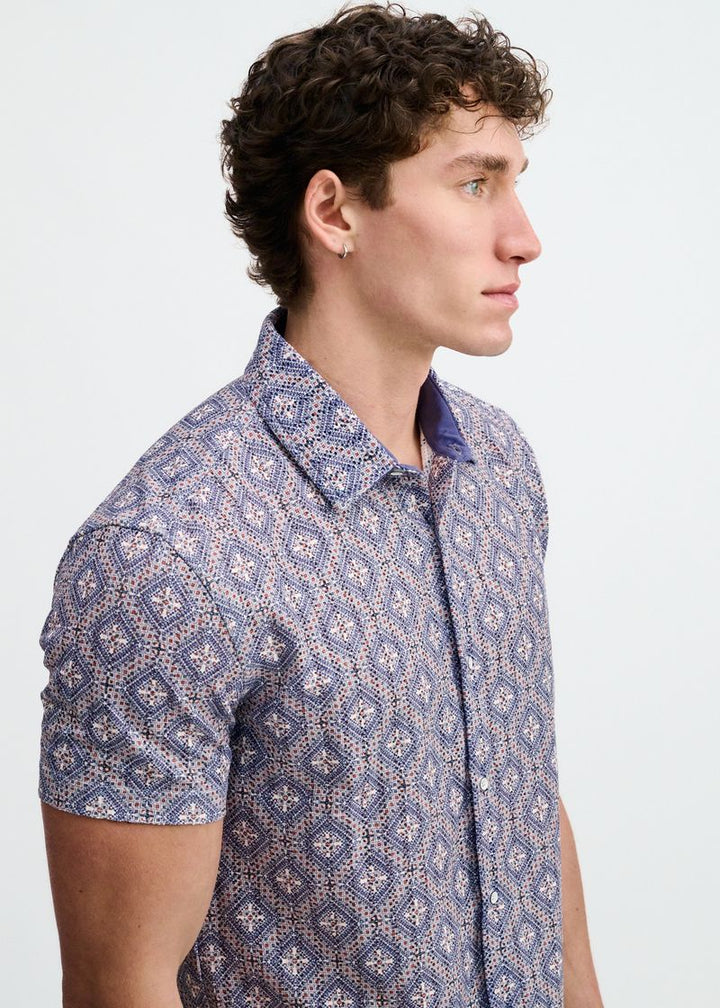 Blueberry/Petal Diamonds Printed Open Knit Stretch Short Sleeve Shirt St-48079