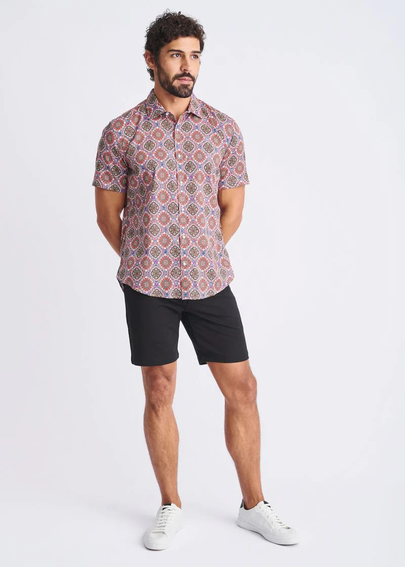 Blush/Coral Medallions Printed Lightweight Cotton/Tencel Short Sleeve Shirt PM-47053