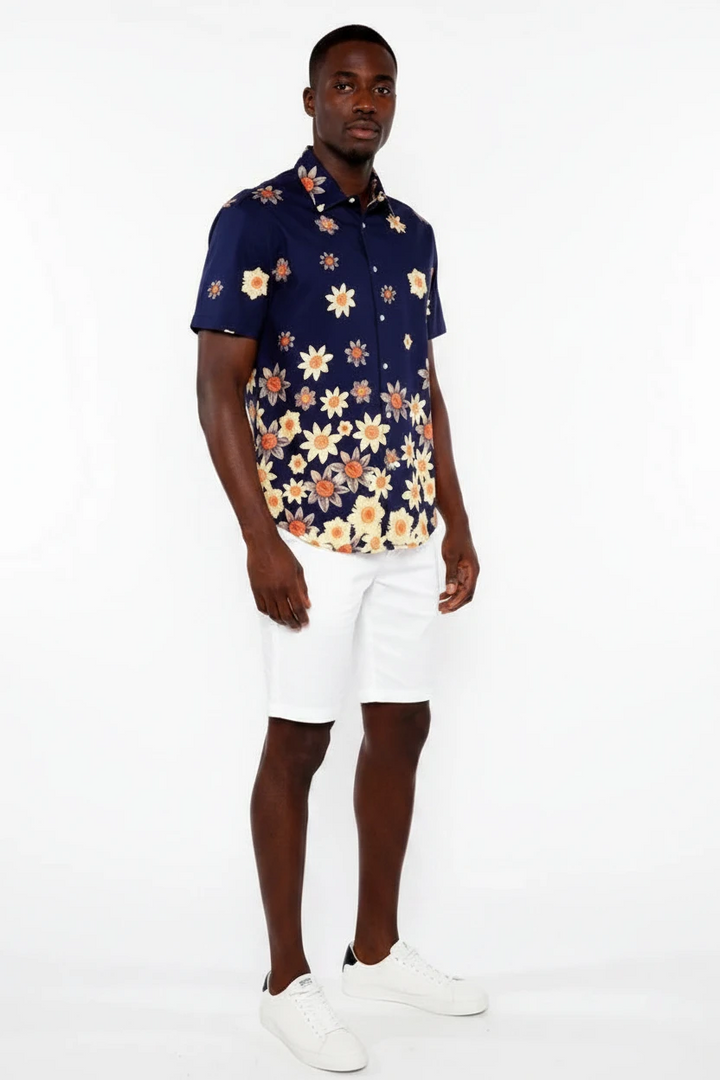 Navy/Yellow Sunflowers Border Print Cotton Jersey Knit Short Sleeve Shirt