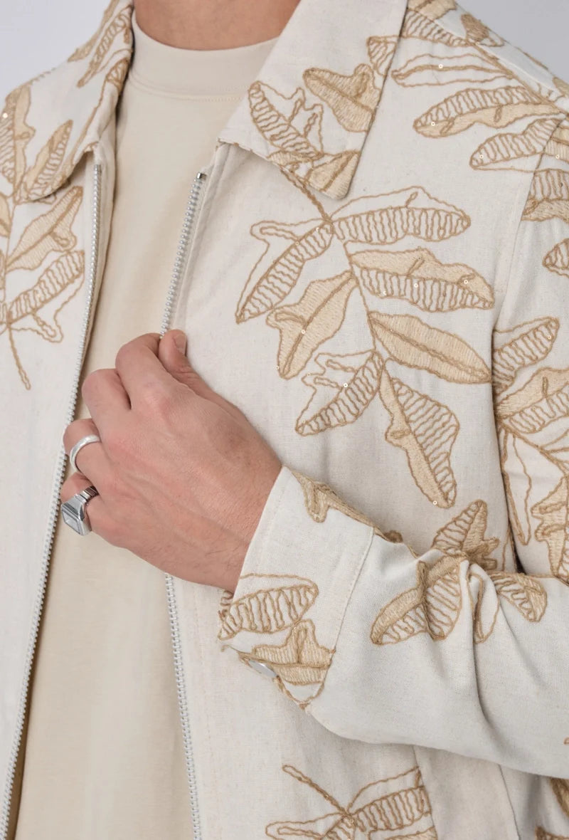 Jacket with Floral Embroidery Beige