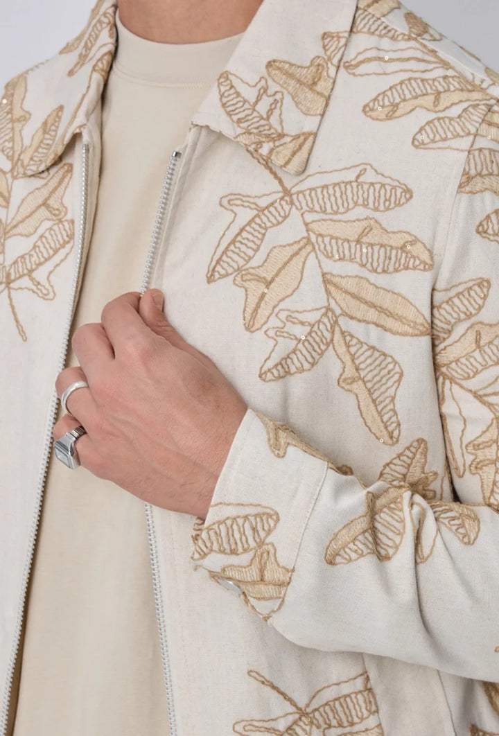 Jacket with Floral Embroidery Beige