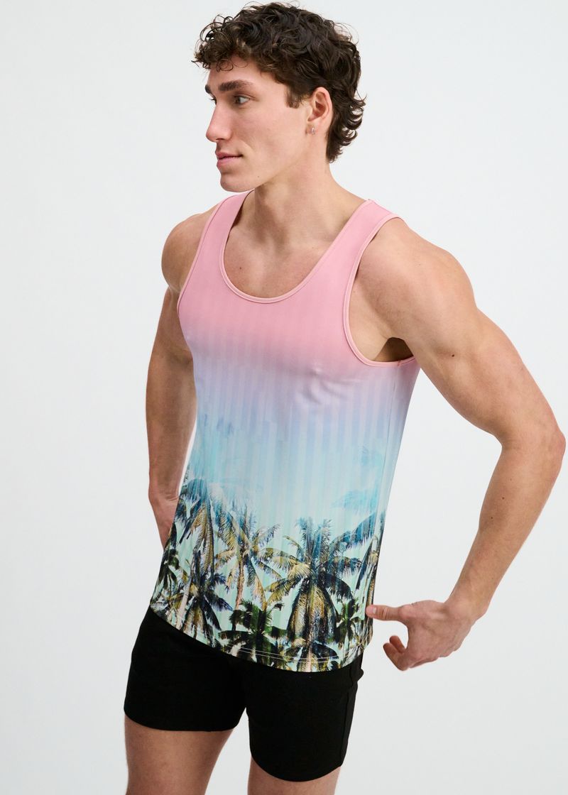 Blush/Aqua Palms Printed Stretch Mesh Tank St-11148