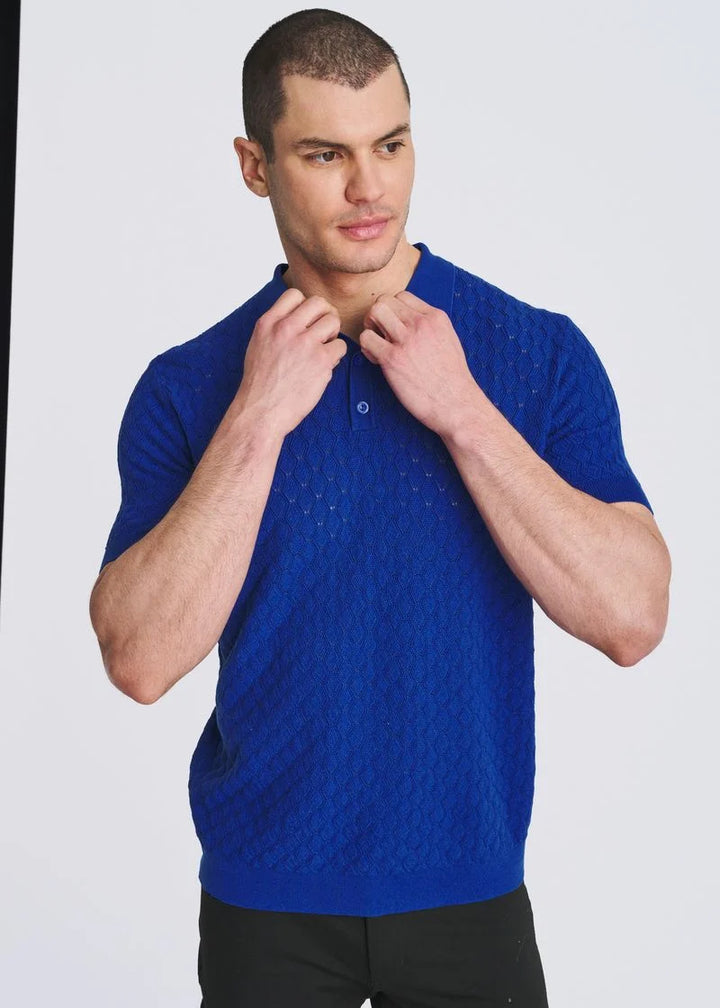 Textured Wave Silk/Tencel 3-Button Polo Shirt