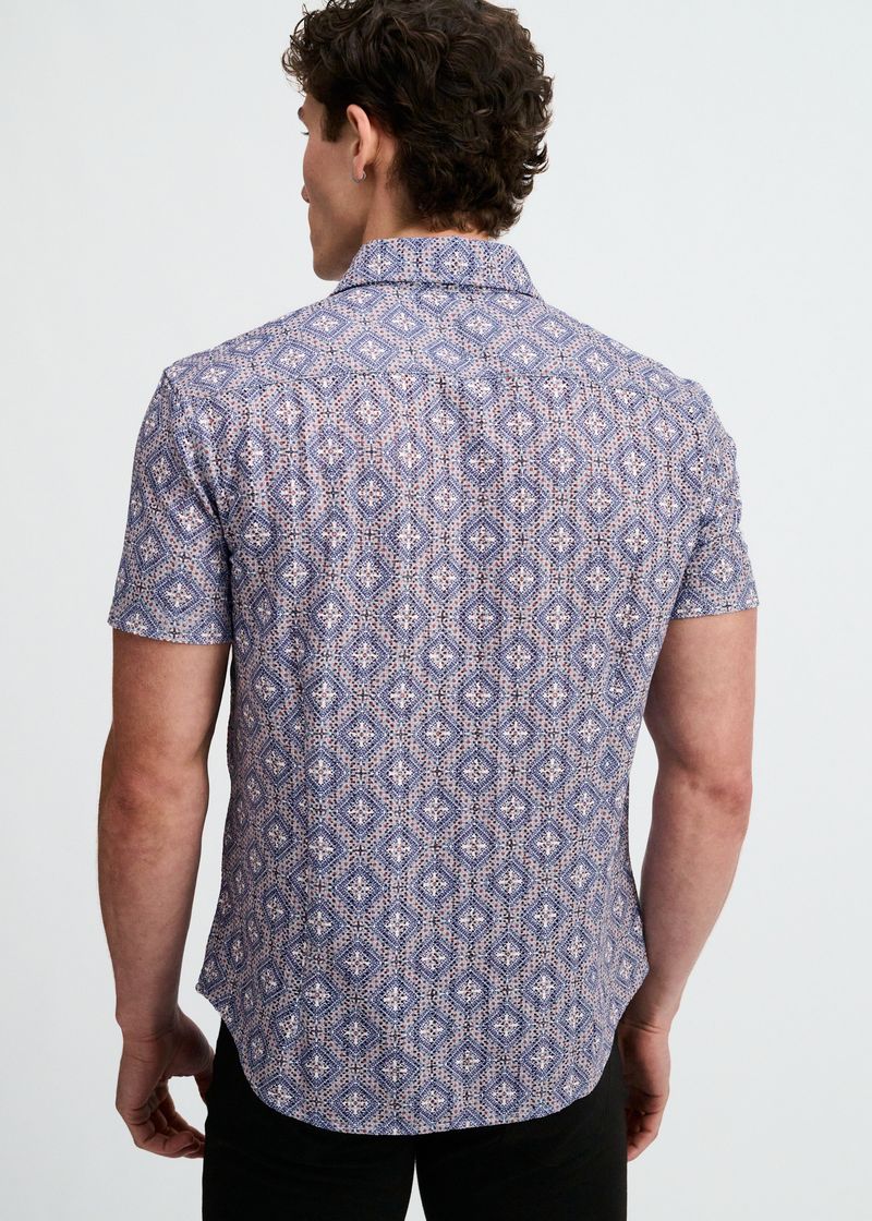 Blueberry/Petal Diamonds Printed Open Knit Stretch Short Sleeve Shirt St-48079