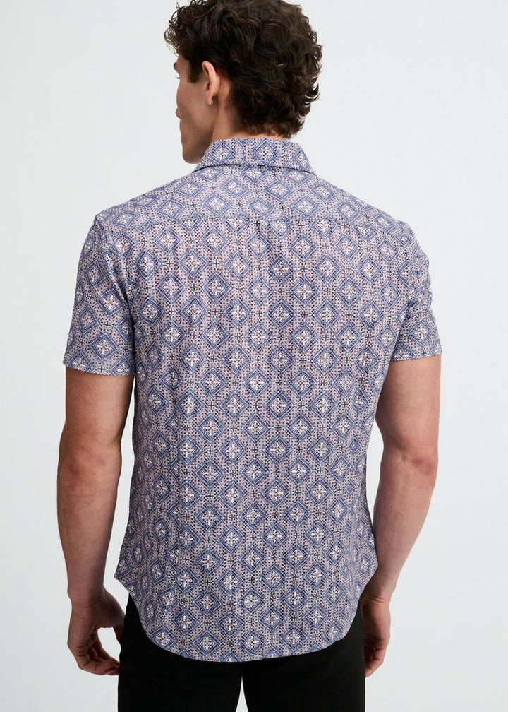 Blueberry/Petal Diamonds Printed Open Knit Stretch Short Sleeve Shirt St-48079