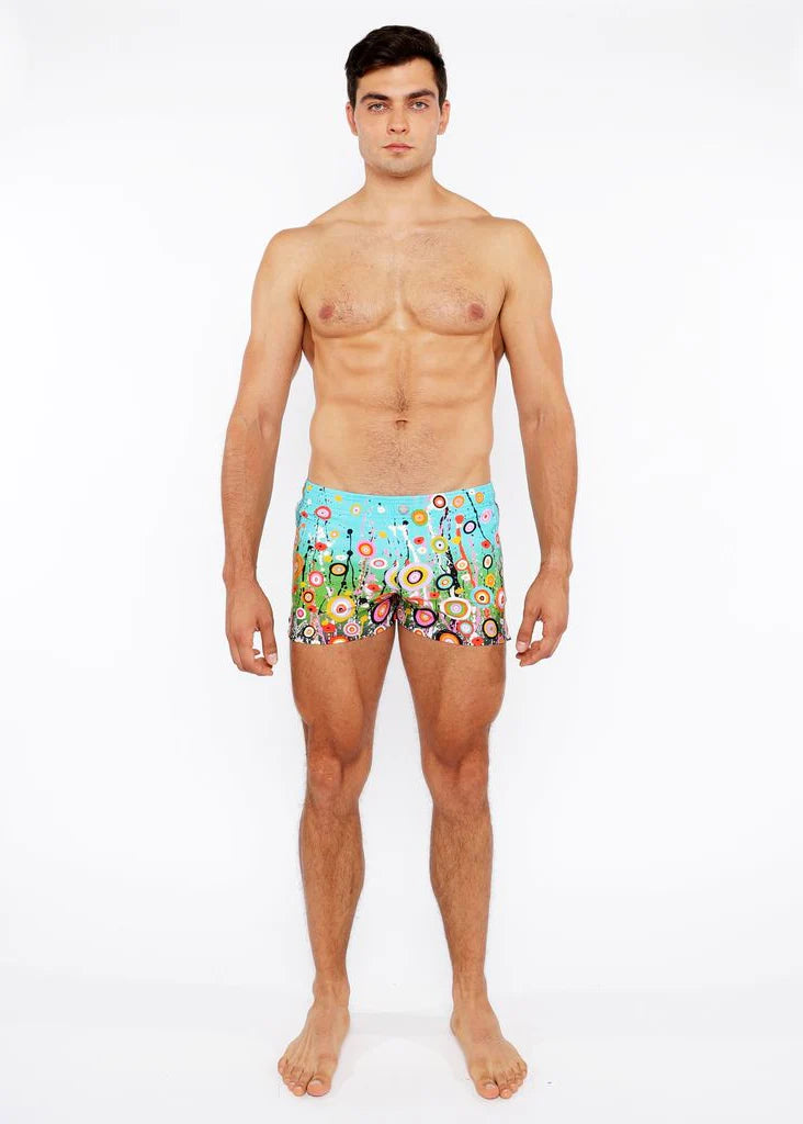 Sky/Multi Circle Burts Printed Swim Short W/Mesh Brief Lining St-8024-01