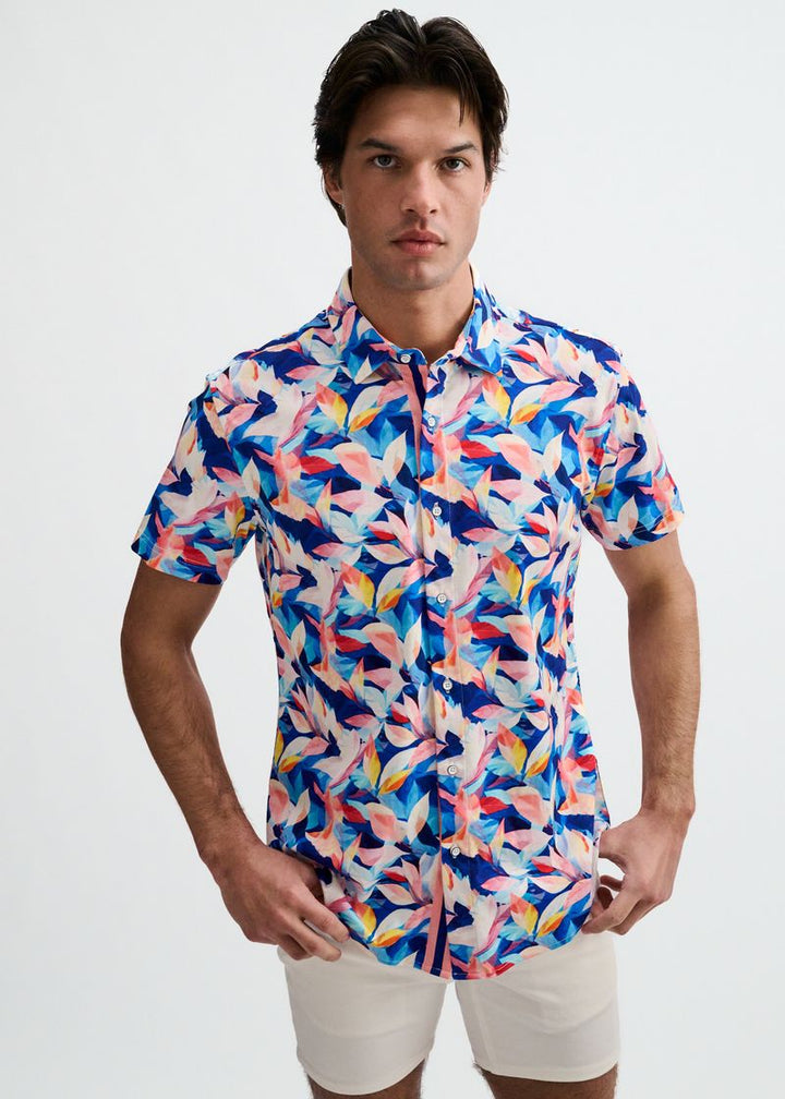 Navy/Blush Leaves Printed Cotton Knit Jersey Short Sleeve Shirt W/Placket Detail St-9357
