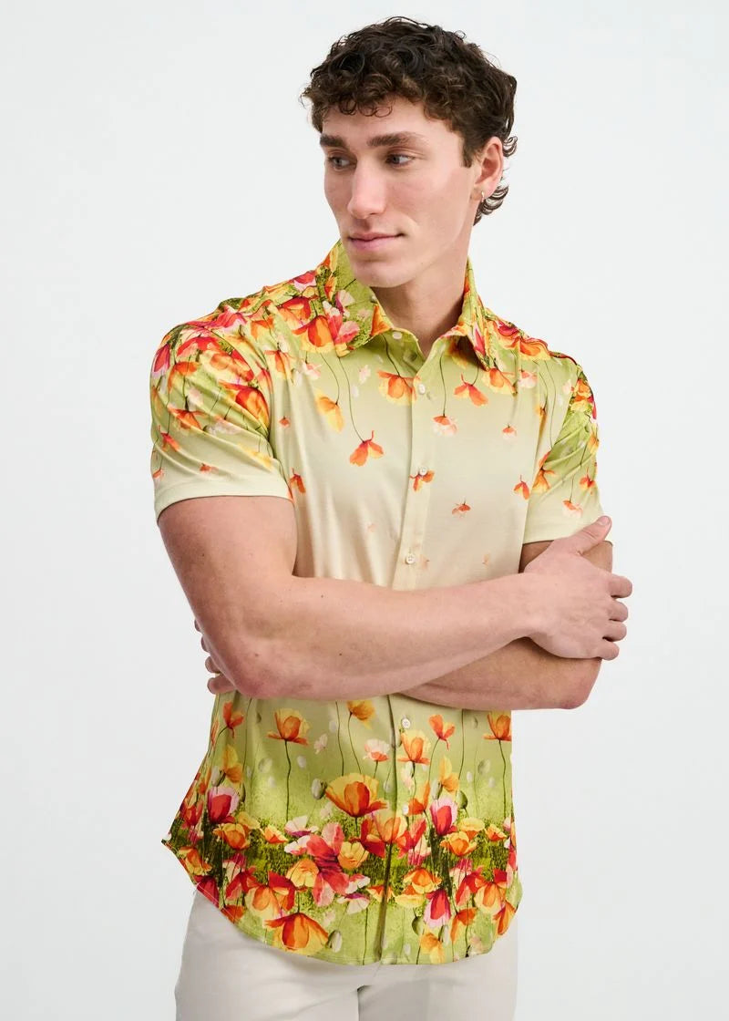 Grass/Orange Floral Border Print Jersey Short Sleeve Shirt