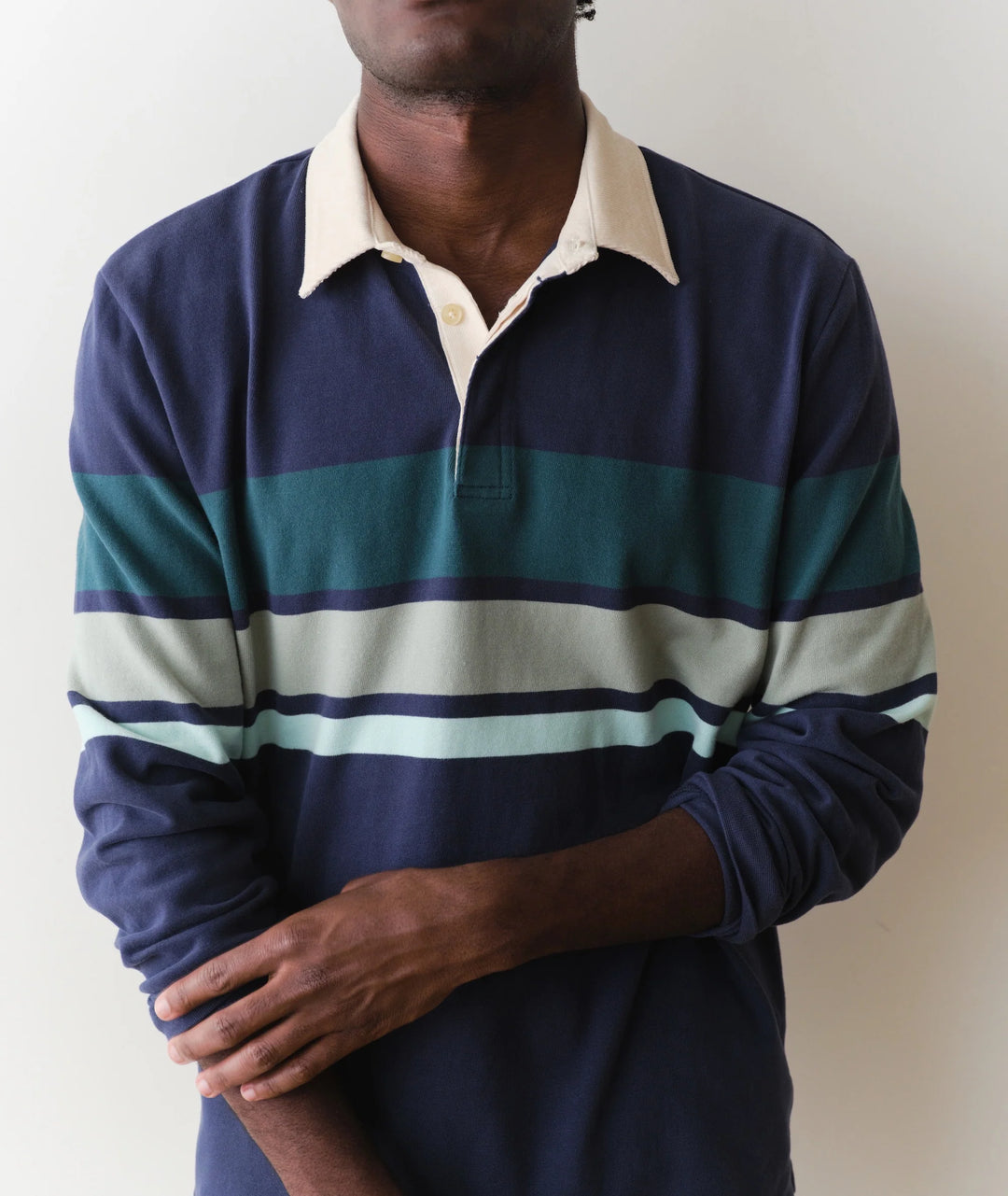 Sueded Rugby Polo Navy Green Stripe