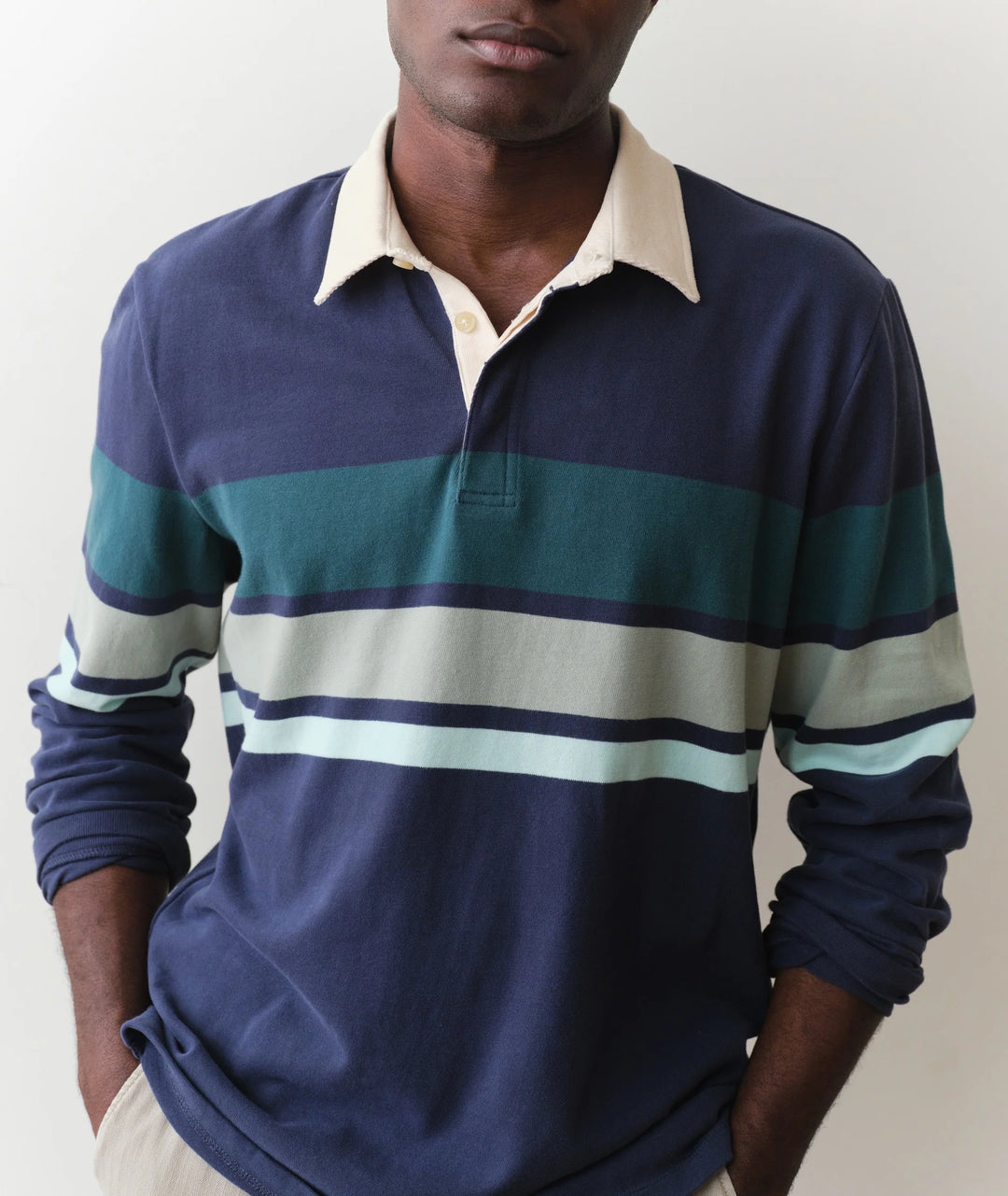 Sueded Rugby Polo Navy Green Stripe