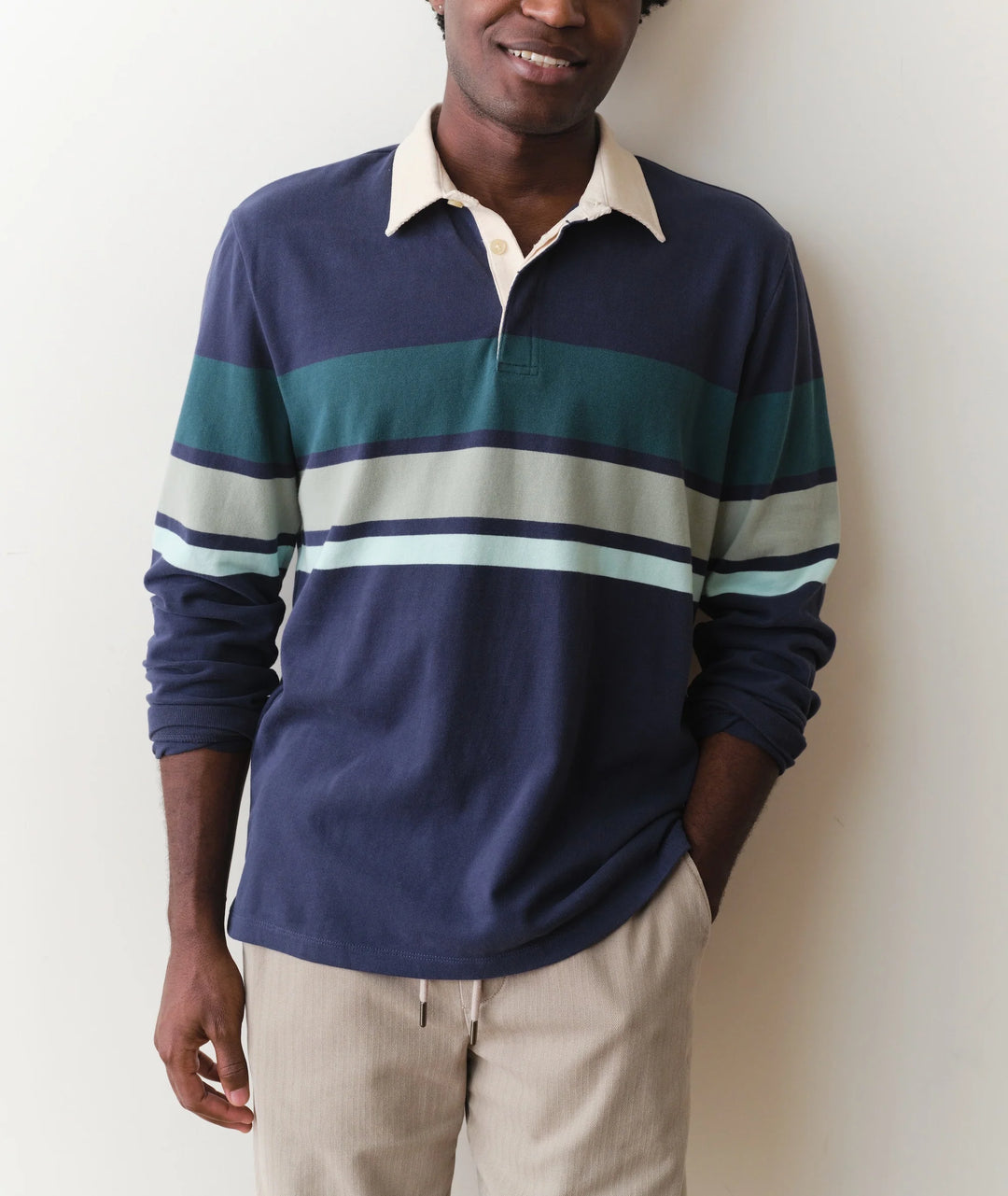Sueded Rugby Polo Navy Green Stripe