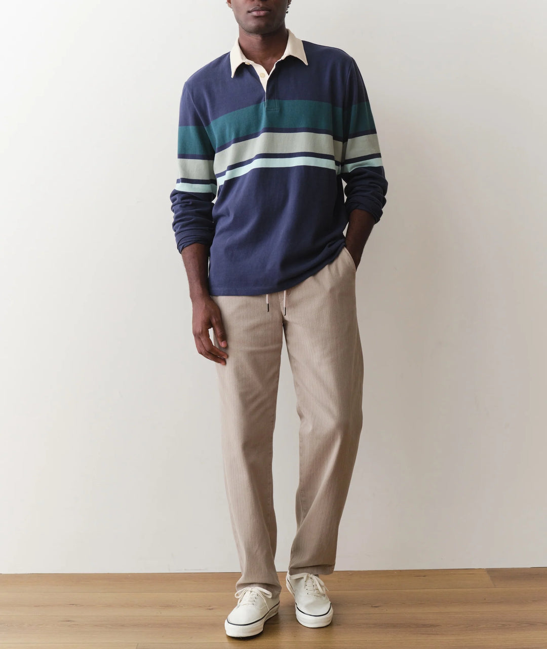Sueded Rugby Polo Navy Green Stripe