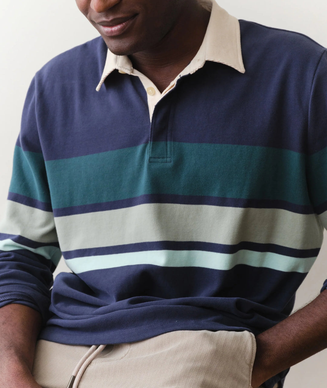 Sueded Rugby Polo Navy Green Stripe