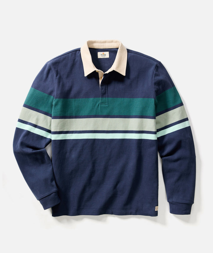 Sueded Rugby Polo Navy Green Stripe