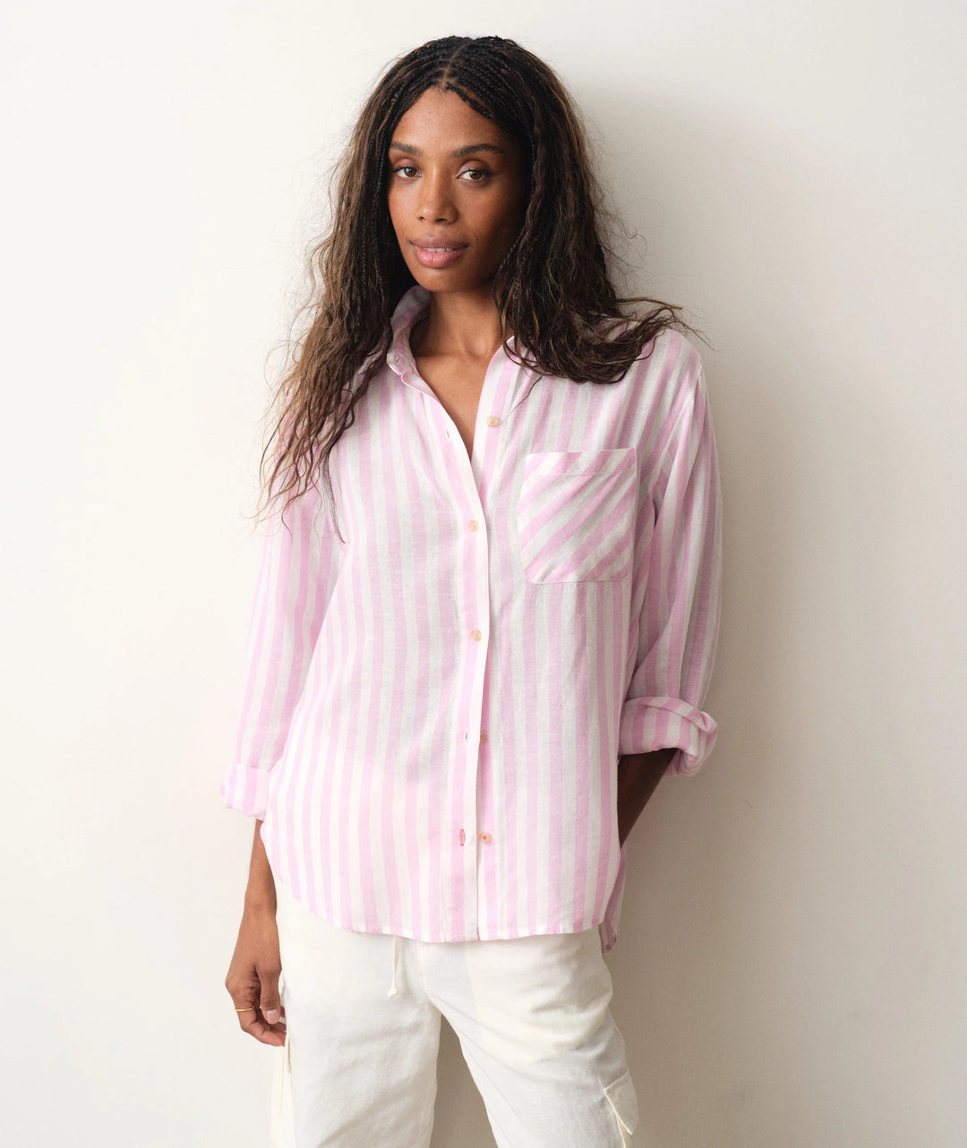 Jane Relaxed Linen Shirt Lavender/White Stripe