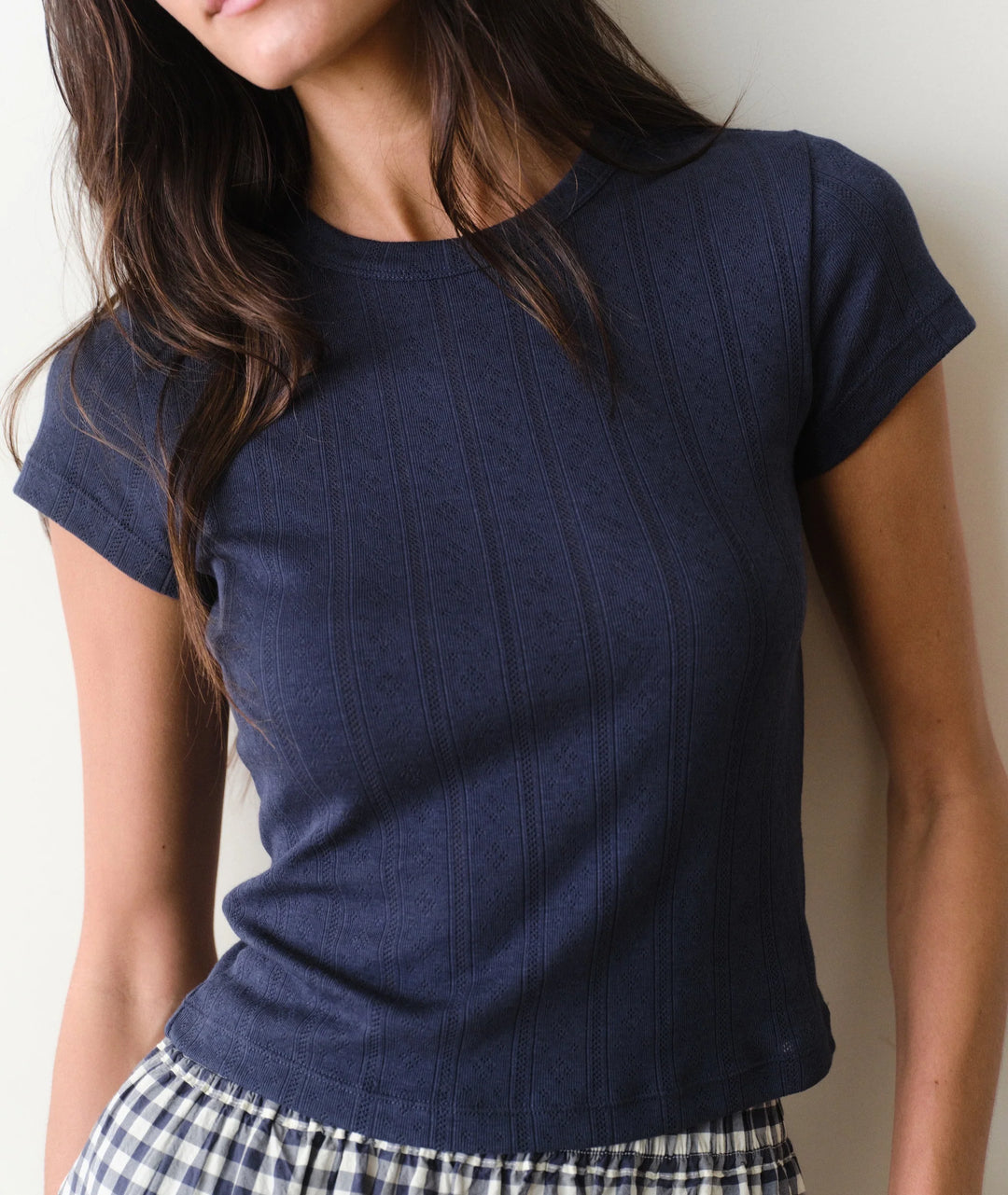 Lexi Pointelle Crew Tee - Navy