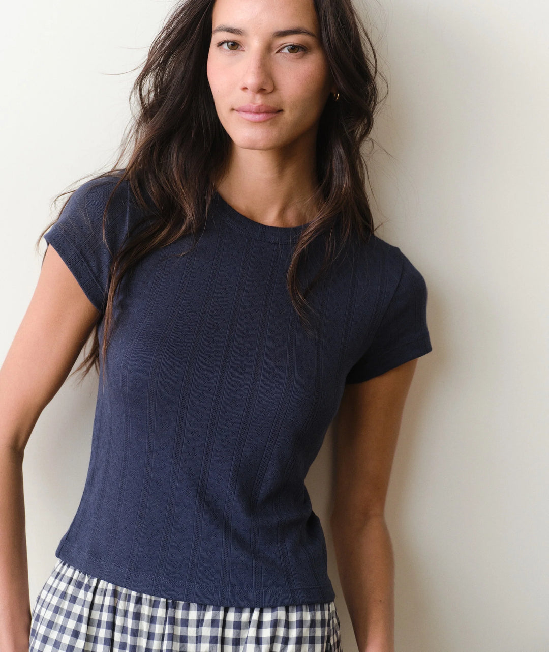 Lexi Pointelle Crew Tee - Navy