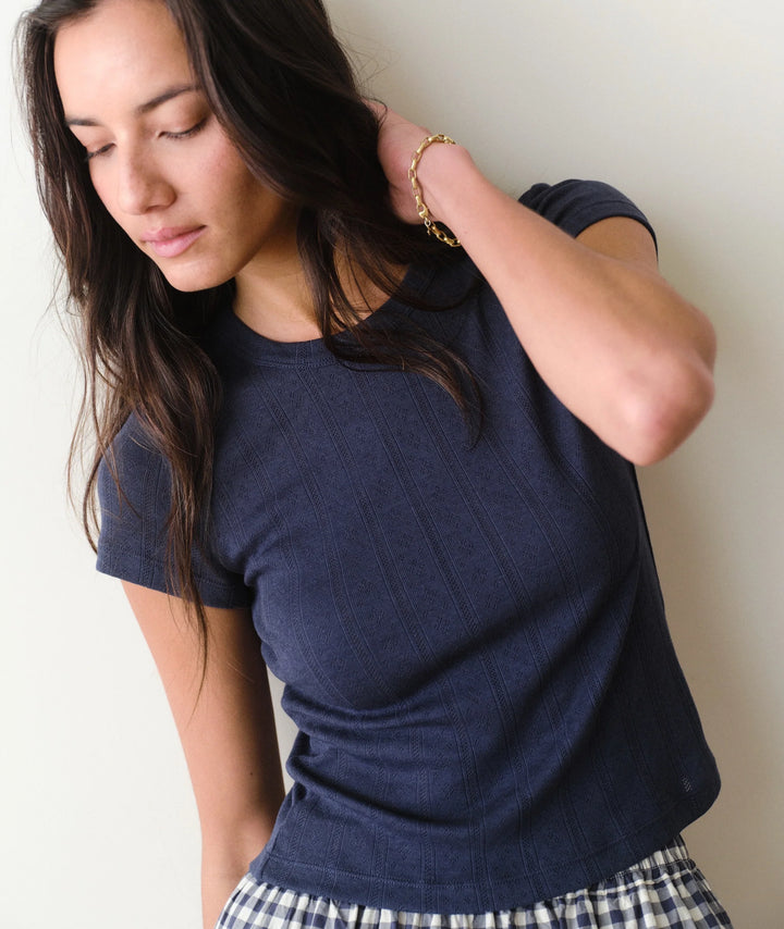 Lexi Pointelle Crew Tee - Navy