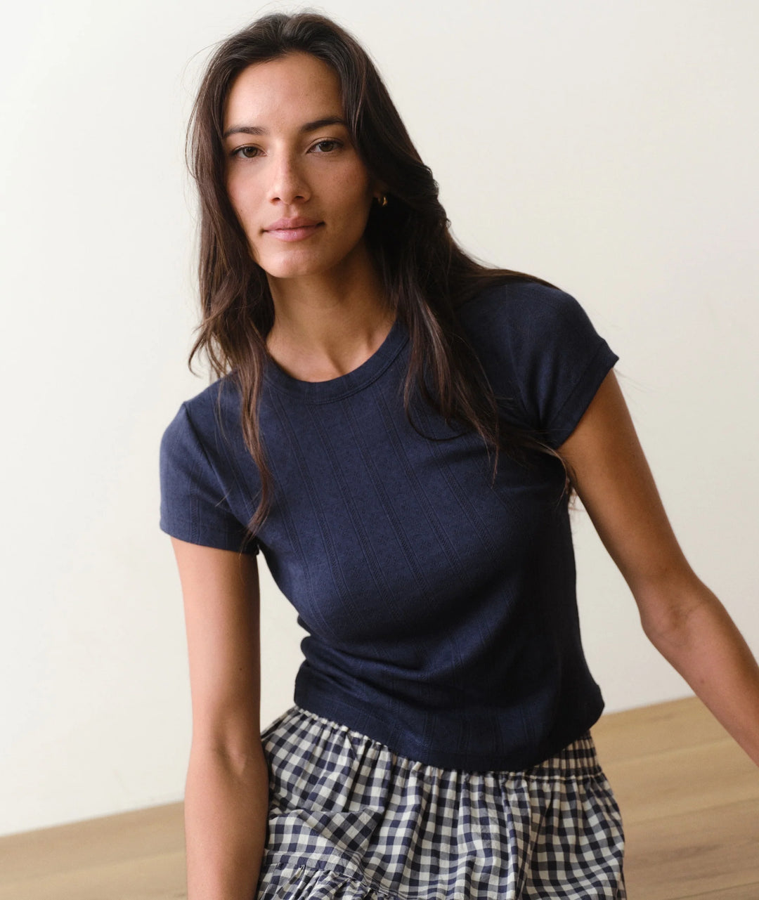 Lexi Pointelle Crew Tee - Navy