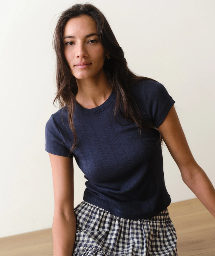 Lexi Pointelle Crew Tee - Navy