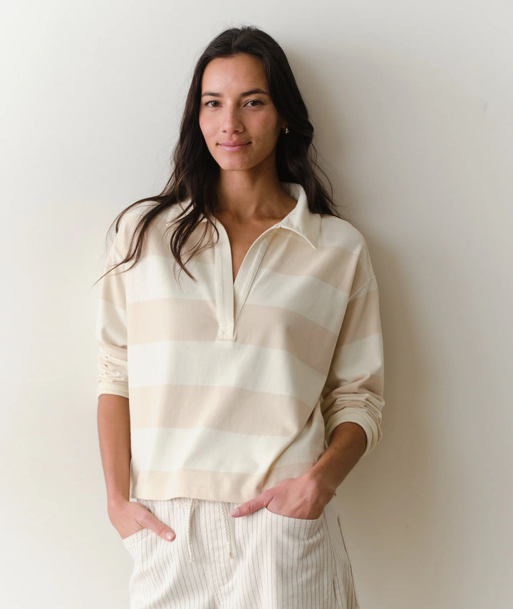 Luxe Sueded Polo Tee Cream Stripe