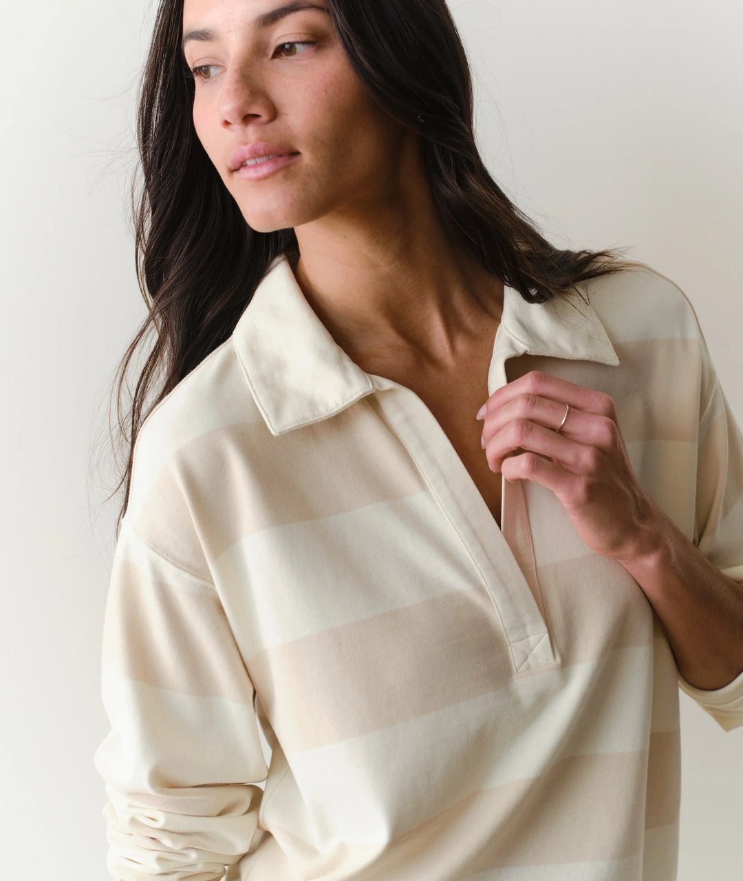 Luxe Sueded Polo Tee Cream Stripe