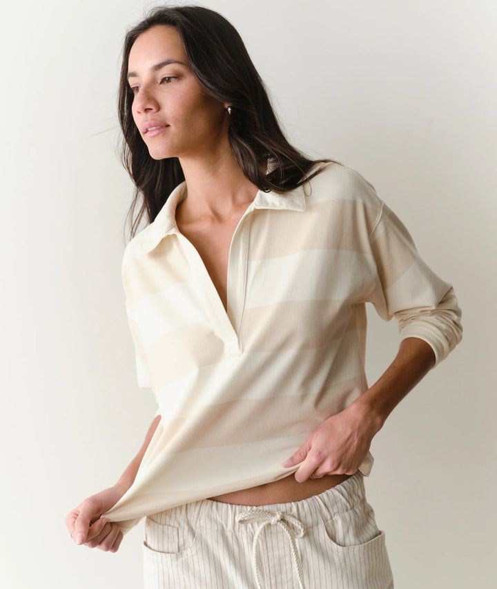 Luxe Sueded Polo Tee Cream Stripe