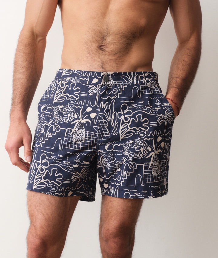 Tailored Swim Trunk 5" Navy/White Island Motif