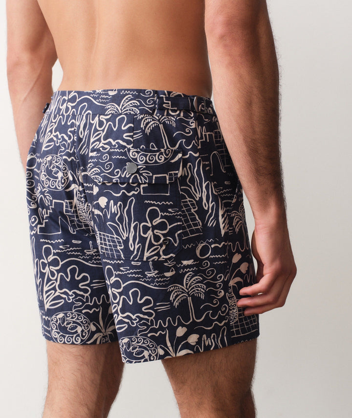 Tailored Swim Trunk 5" Navy/White Island Motif